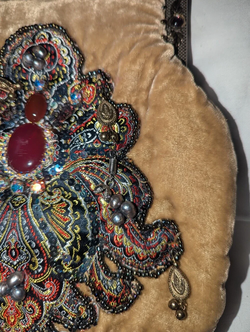 Vintage Mary Frances Embellished Velvet Evening Bag in Camel with Black Tassels